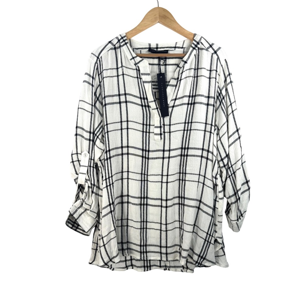 Jane + Delancey Plaid Tunic 1X White Black Roll Tab Sleeve preppy relaxed